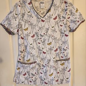 Disney Shirt Butterfly Bambi Healthcare Nurse 100% Cotton Smock V Neck